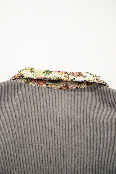 Corduroy Floral Patchwork Snap Front Drop Shoulder Shacket